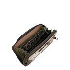 Lieblingstasche wallet in olive green with a patterned interior, multiple card slots, and a zip-around closure.