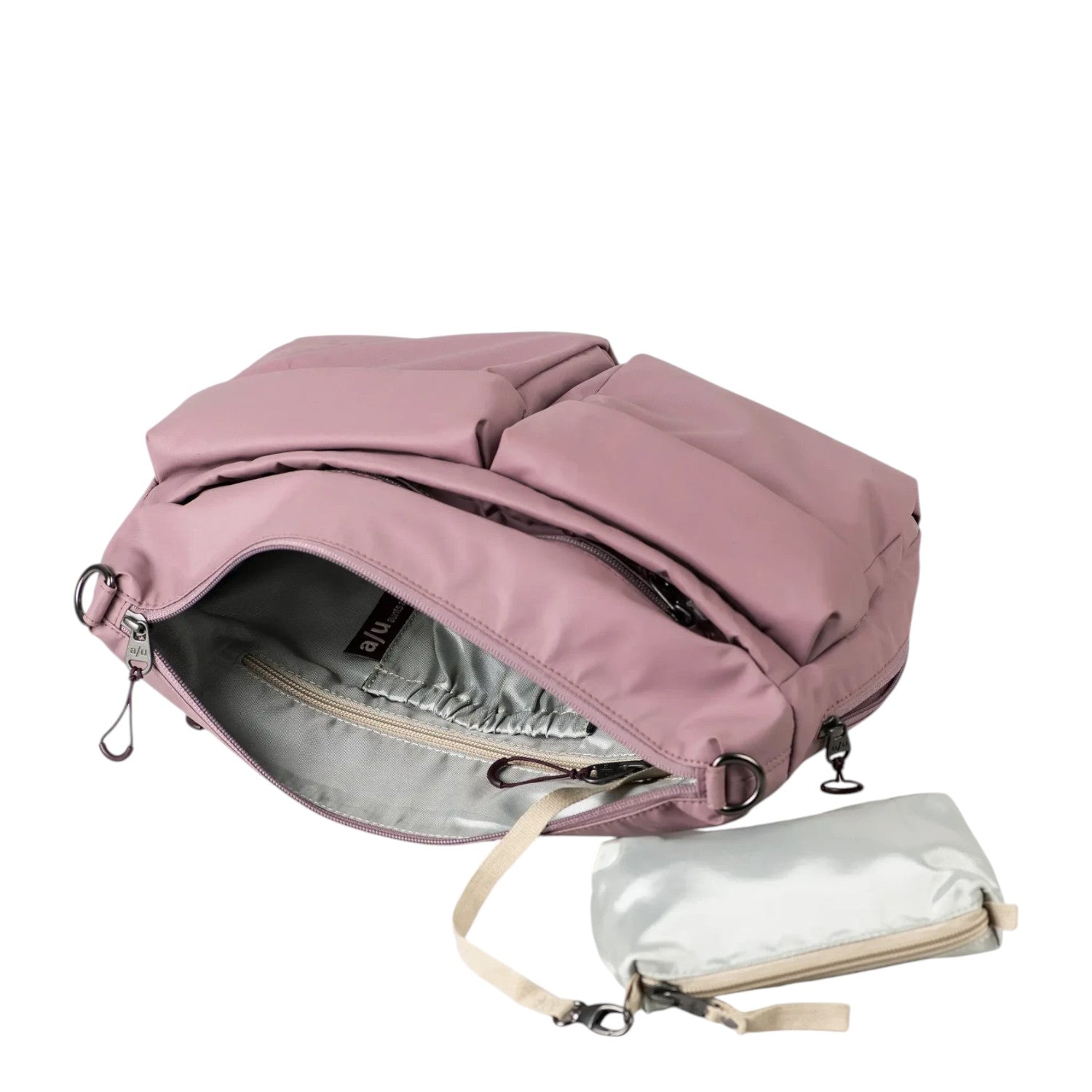 Lieblingstasche Omono RE lite mauve nylon shoulder bag with multiple exterior pockets and a detachable inner pouch