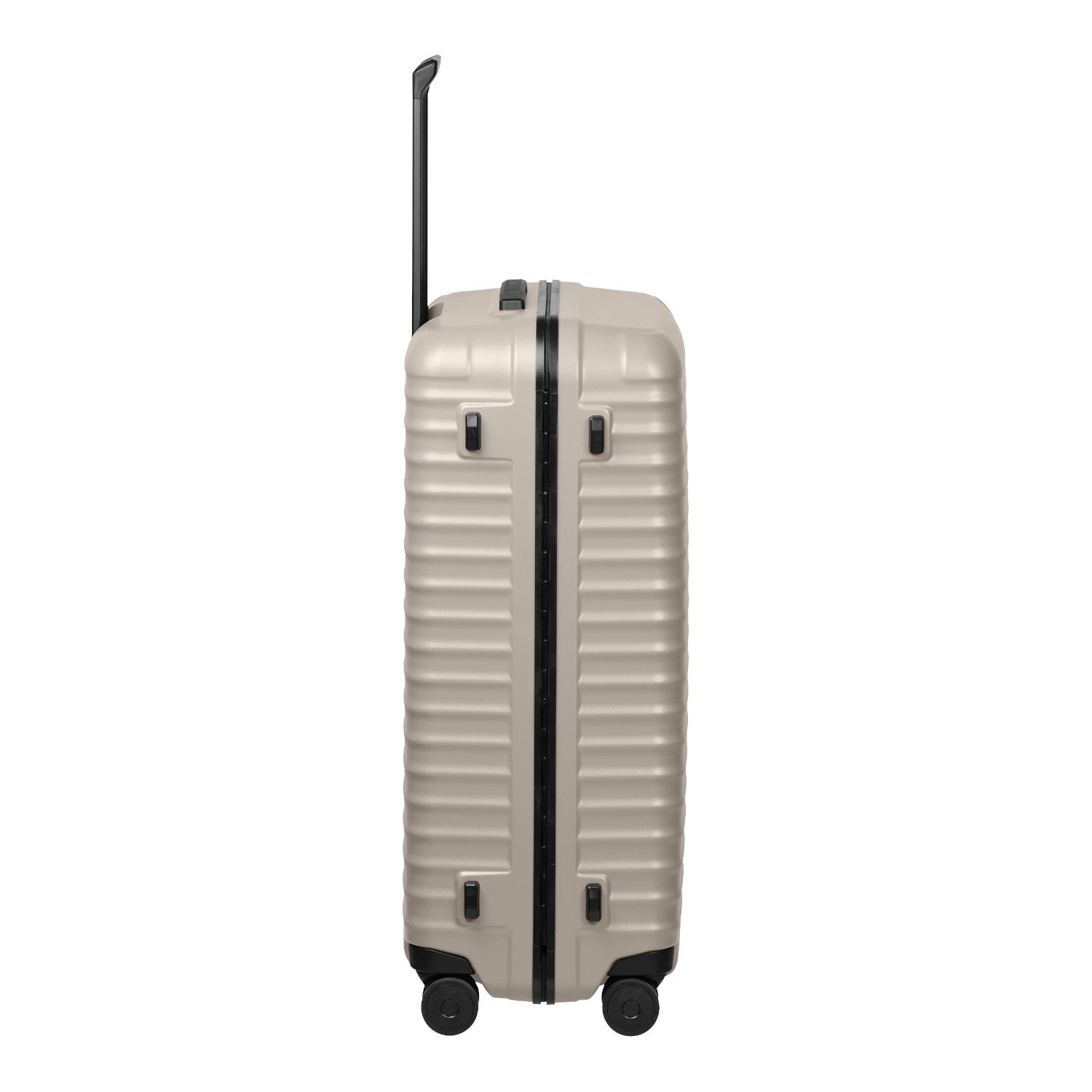 Lieblingstasche OVERSEAS 4w Trolley L in beige with a hard shell, vertical ridges, and black telescopic handle.