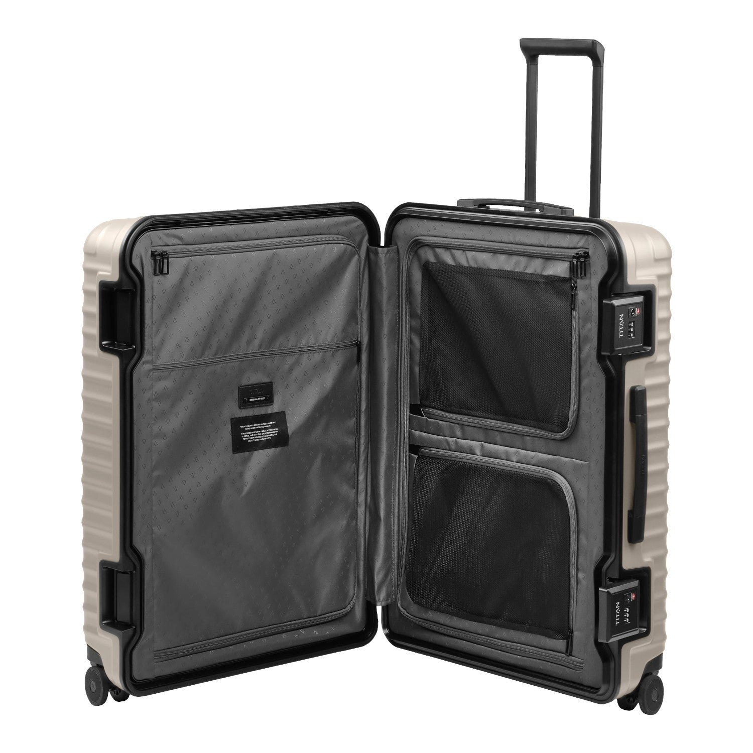 Lieblingstasche OVERSEAS 4w Trolley L in beige with open interior featuring zippered mesh compartments and lining.