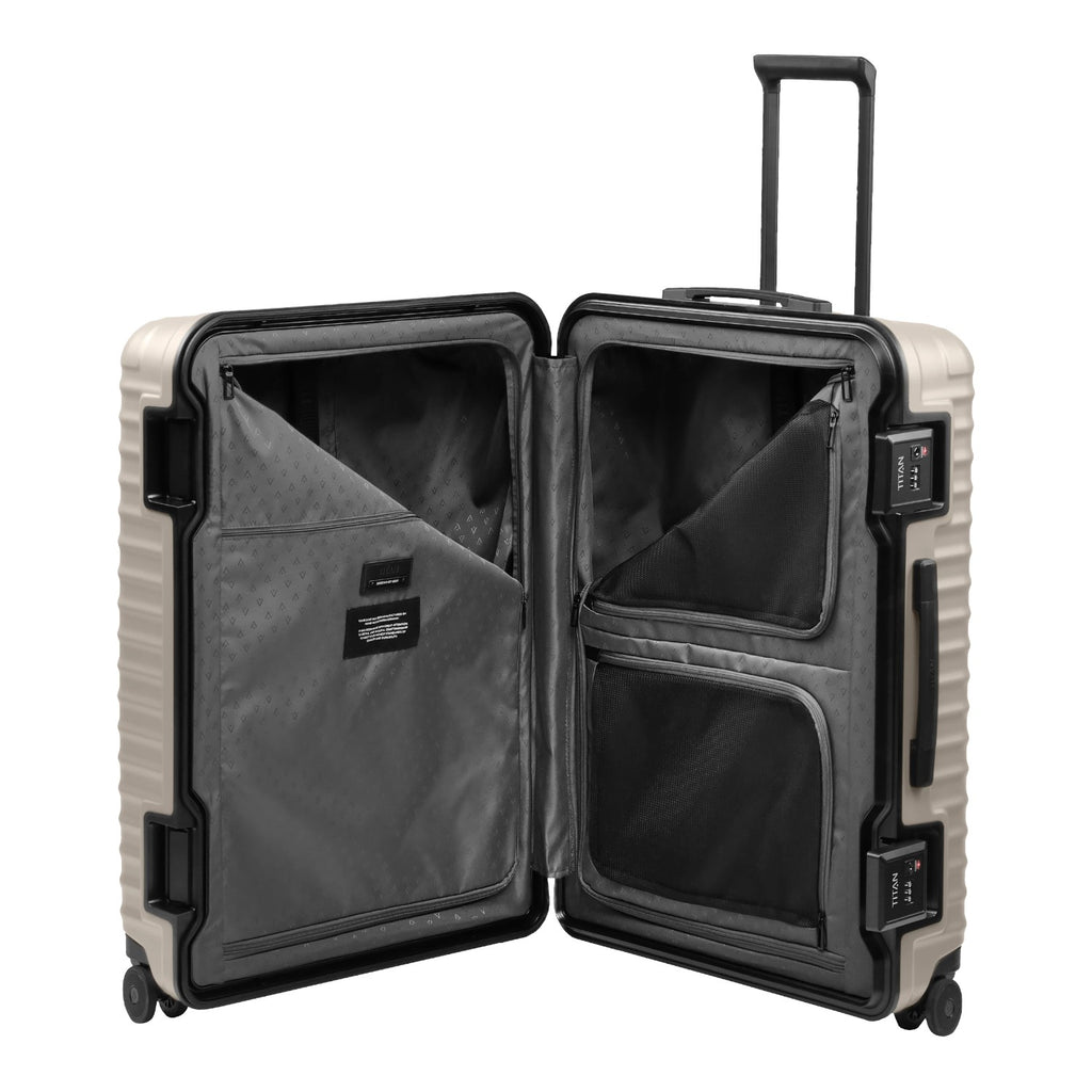 Lieblingstasche OVERSEAS 4w Trolley L in beige with open interior featuring zippered compartments and packing dividers