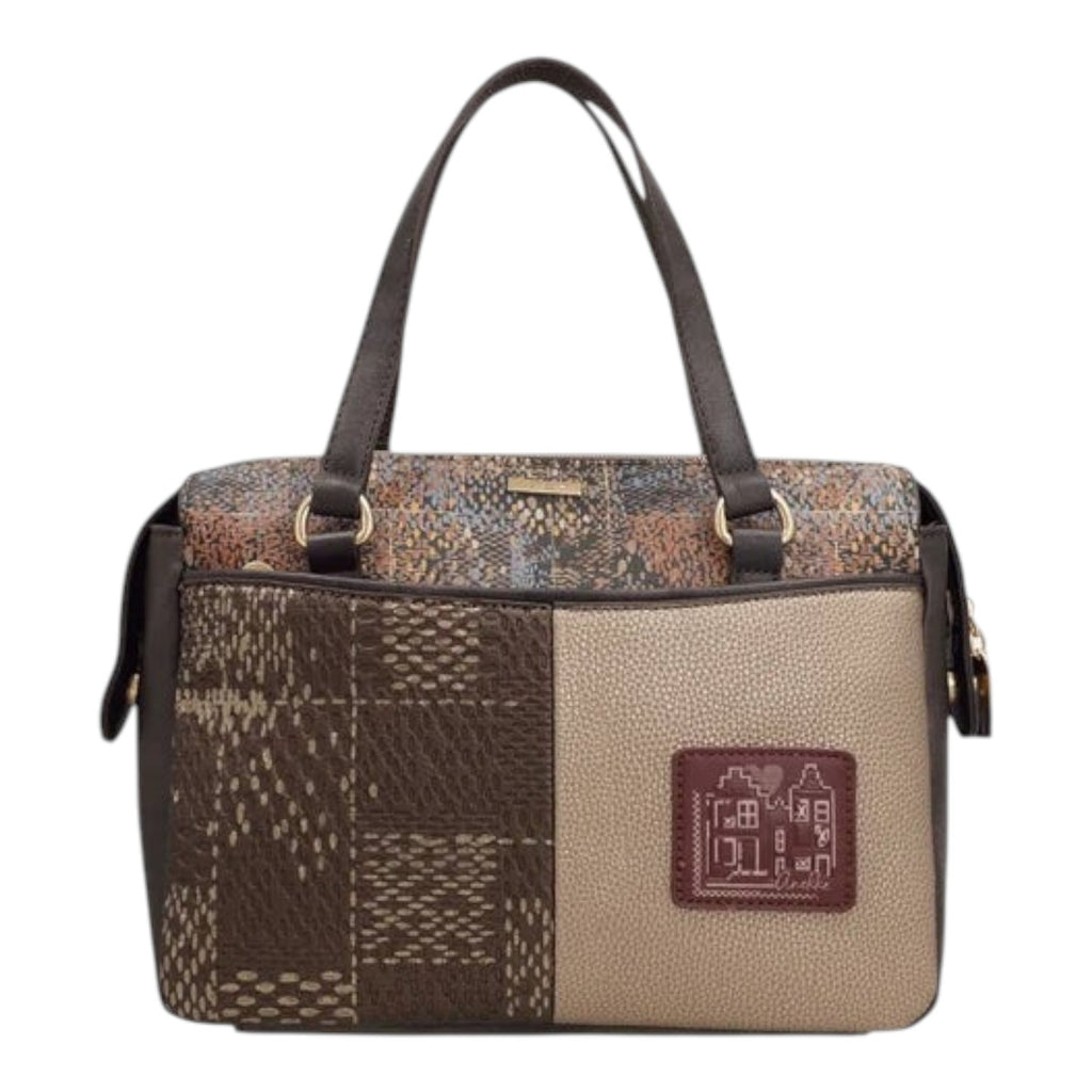 Lieblingstasche short handle bag featuring a brown and beige patchwork design with textured patterns and a logo patch