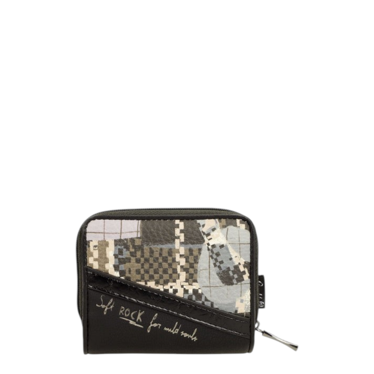 Lieblingstasche wallet in black with a grey and beige patchwork pattern and Soft Rock for wild souls embroidery