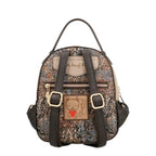 Lieblingstasche backpack featuring a multi-colored patterned fabric with a cute cat patch and dark brown straps