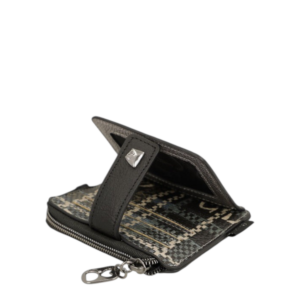 Lieblingstasche black and grey patterned leather purse with a silver stud snap closure and zip compartment