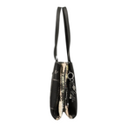 Lieblingstasche shoulder bag in black and beige with a patterned design and a decorative metal charm on the side