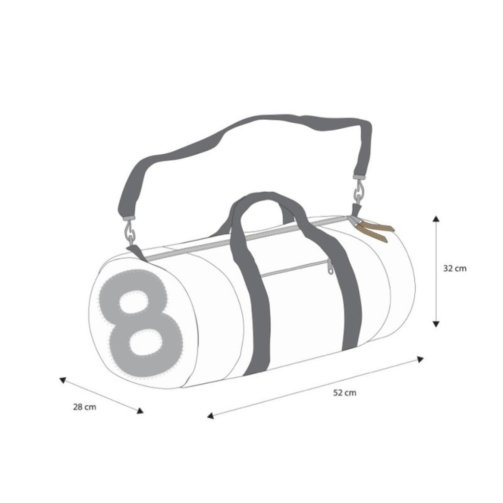 Lieblingstasche Pirat duffel bag with number 8 print, adjustable shoulder strap, and dimensions in white and grey