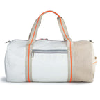 Lieblingstasche Pirat white and beige canvas duffel bag with bright orange trim and grey zipper details