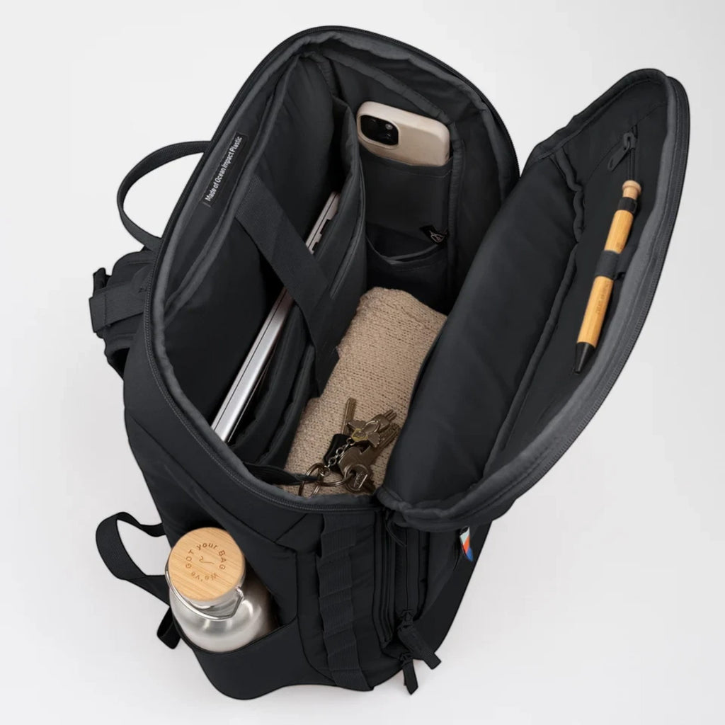 Lieblingstasche Pro Pack Travel backpack in black made from recycled plastic with organized interior compartments