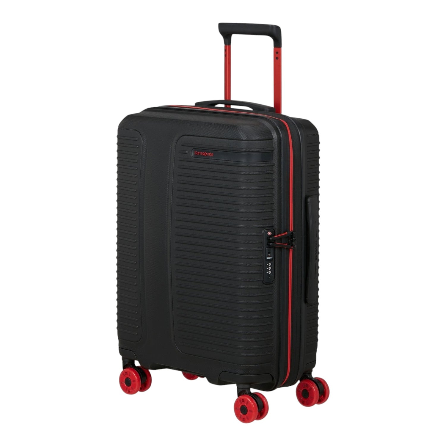 Lieblingstasche PRODIVER HS black hardside spinner suitcase with red accents, telescopic handle, and four wheels.