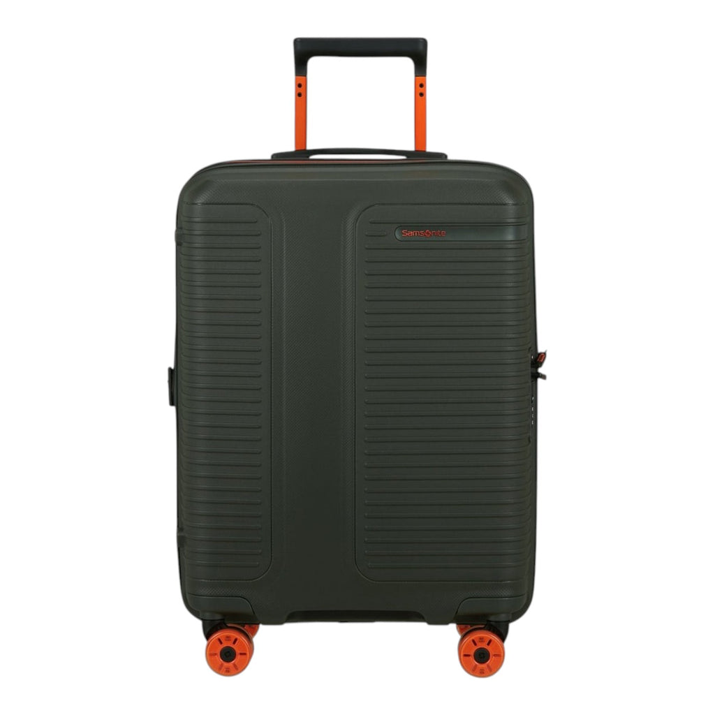 Lieblingstasche PRODIVER HS Spinner 55/20 Exp carry-on suitcase in dark green with vibrant orange wheels and handle