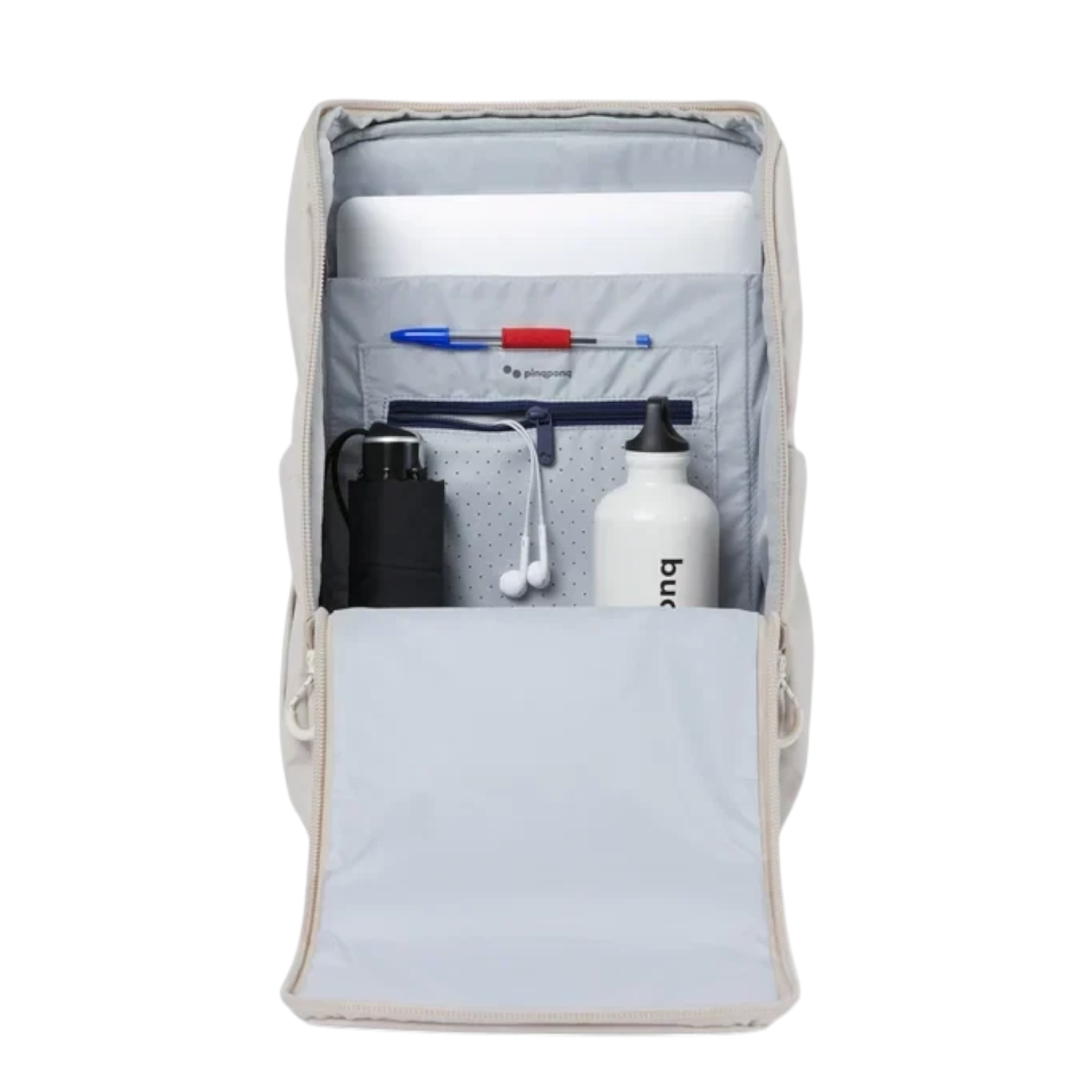 Lieblingstasche Purik backpack interior with organized laptop sleeve, pen holder, and water bottle compartment