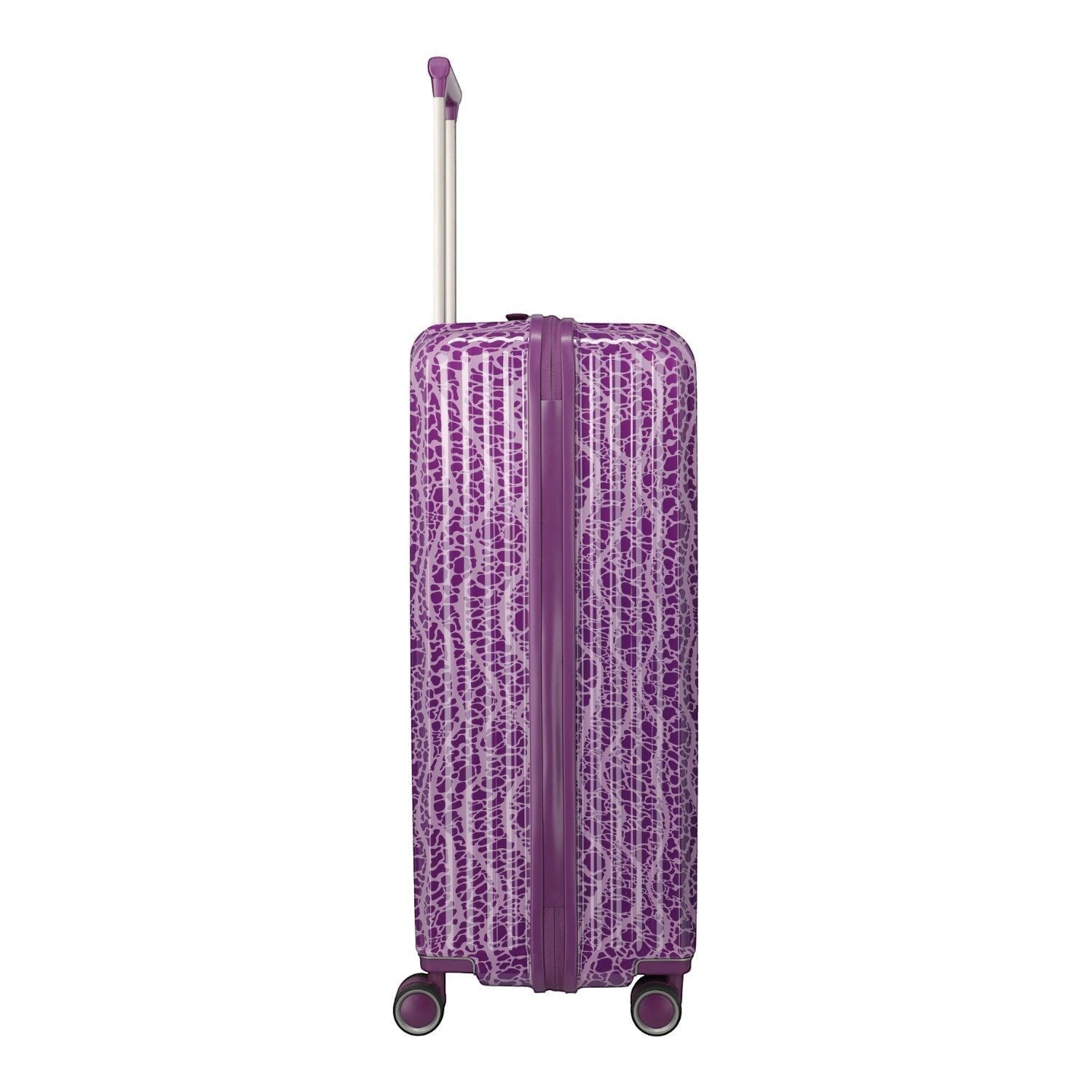 Lieblingstasche Lascana Edition 4W Trolley L, a purple suitcase with a white abstract pattern and silver telescopic handle.