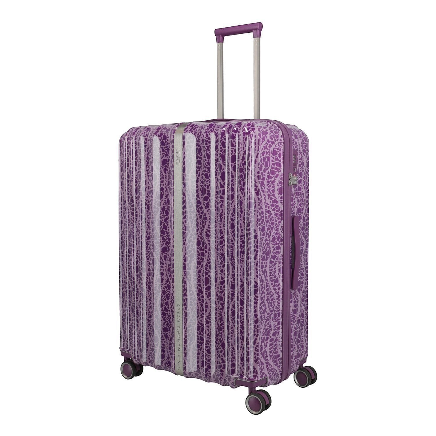 Lieblingstasche Lascana Edition 4W Trolley L, a large purple suitcase with a white abstract pattern and silver trim. Features a retractable handle and four spinner wheels.