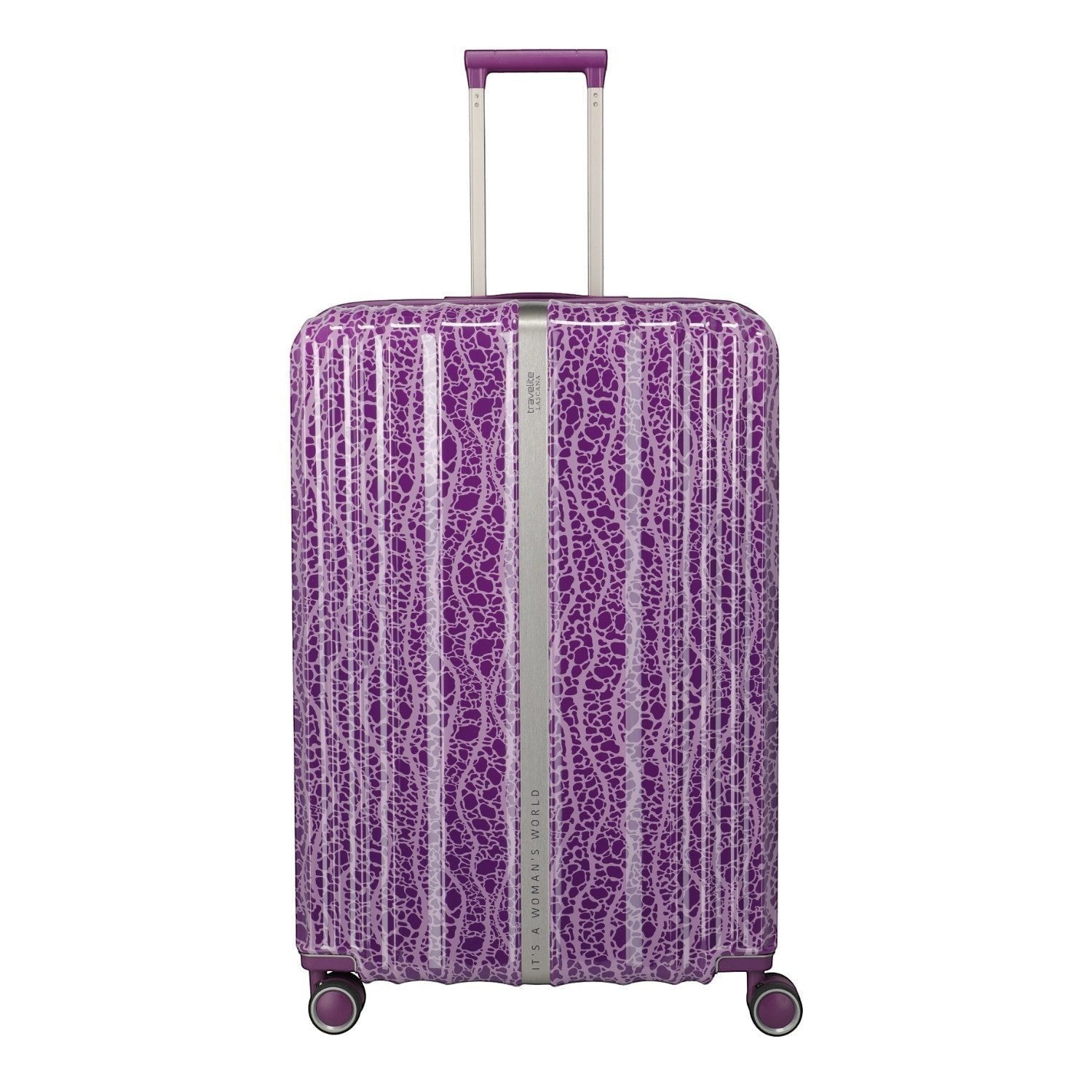 Lieblingstasche Lascana Edition 4W Trolley L, a large purple suitcase with a white abstract pattern and silver accents.