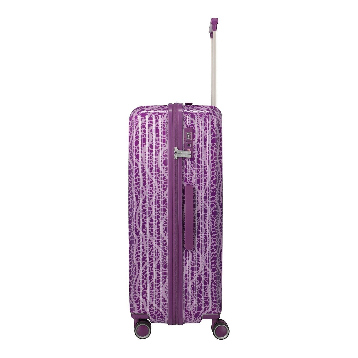 Lieblingstasche Lascana Edition 4W Trolley L, purple suitcase with a white abstract pattern, TSA lock, and telescopic handle.