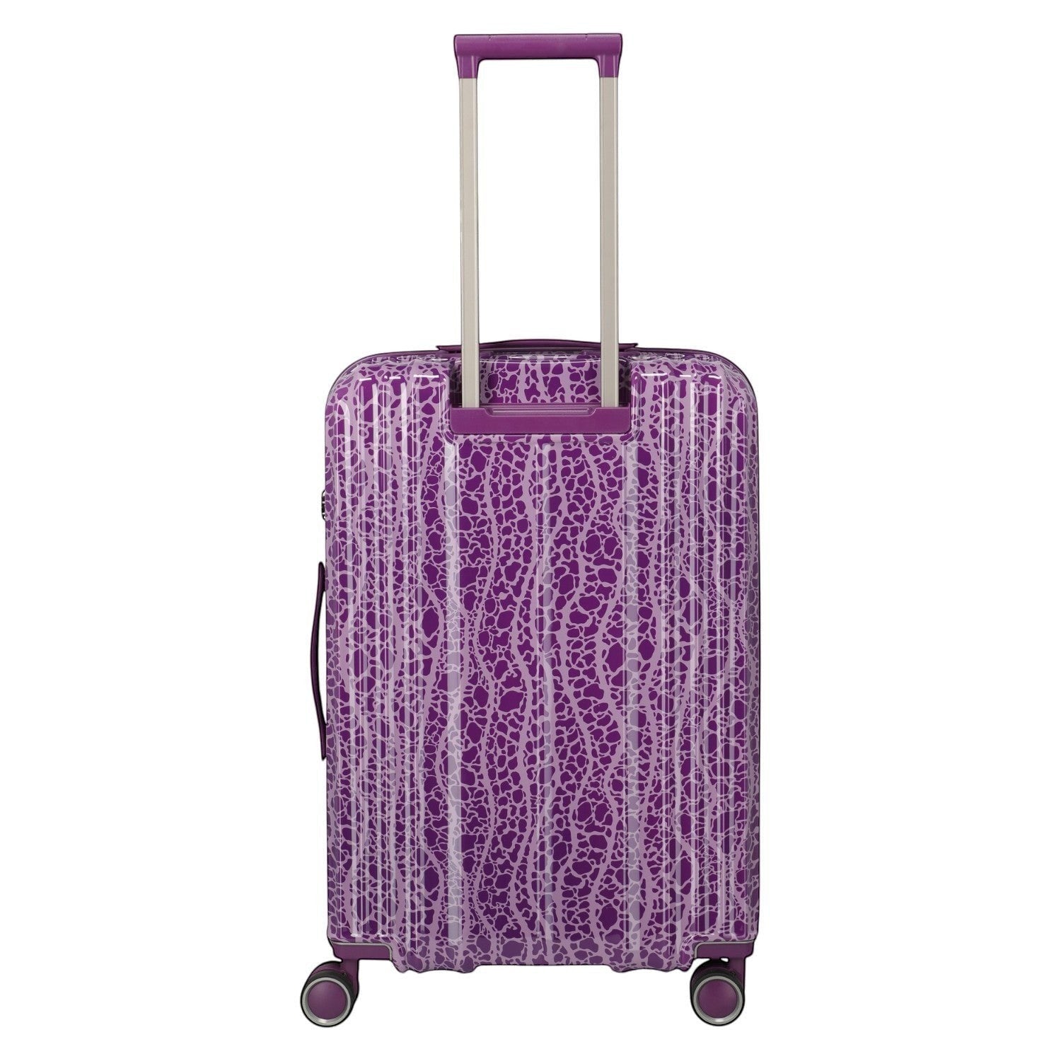 Lieblingstasche purple trolley suitcase with a white abstract pattern and telescoping handle.