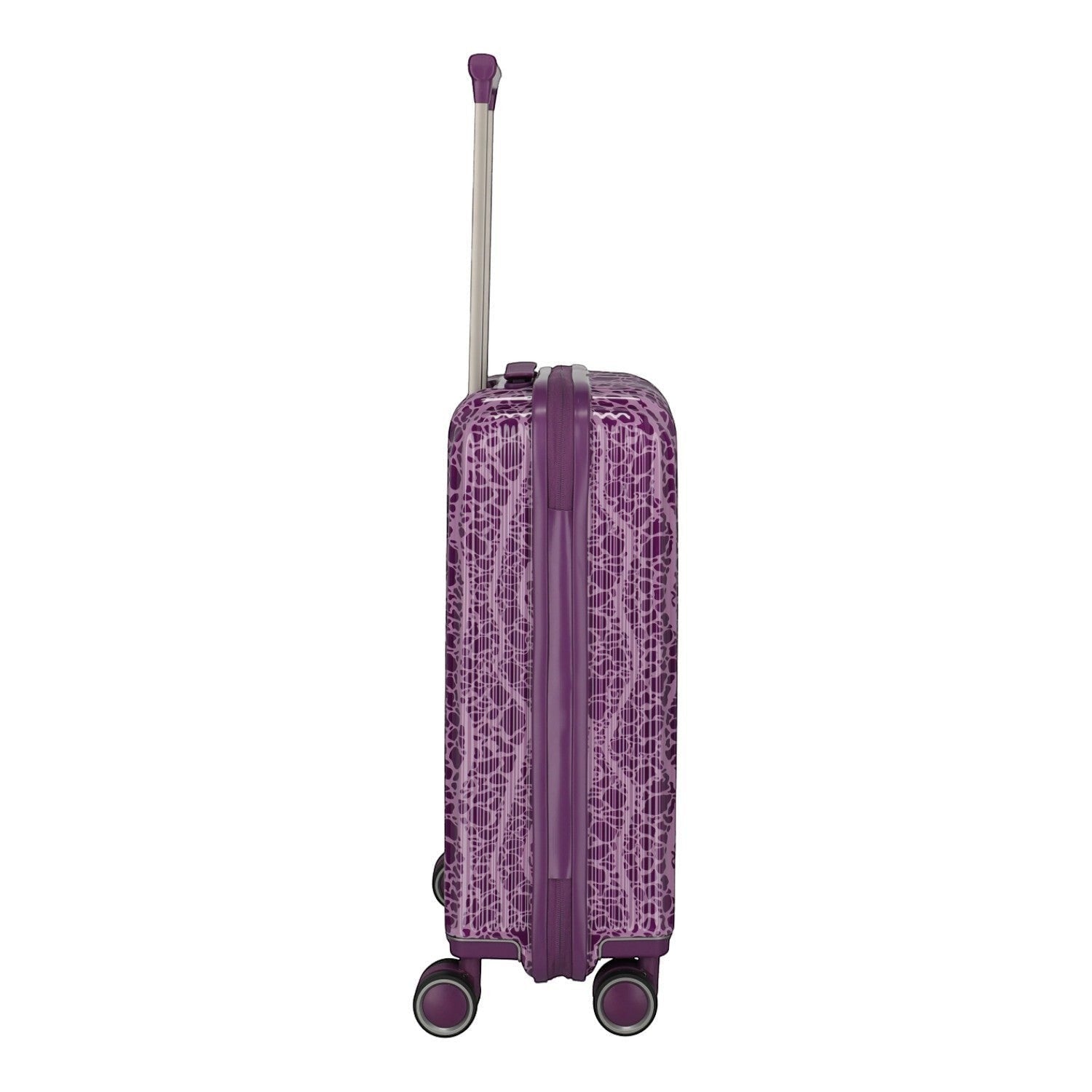 Lieblingstasche Edition 4W Trolley S, purple suitcase with a white abstract pattern, telescopic handle, and spinner wheels.