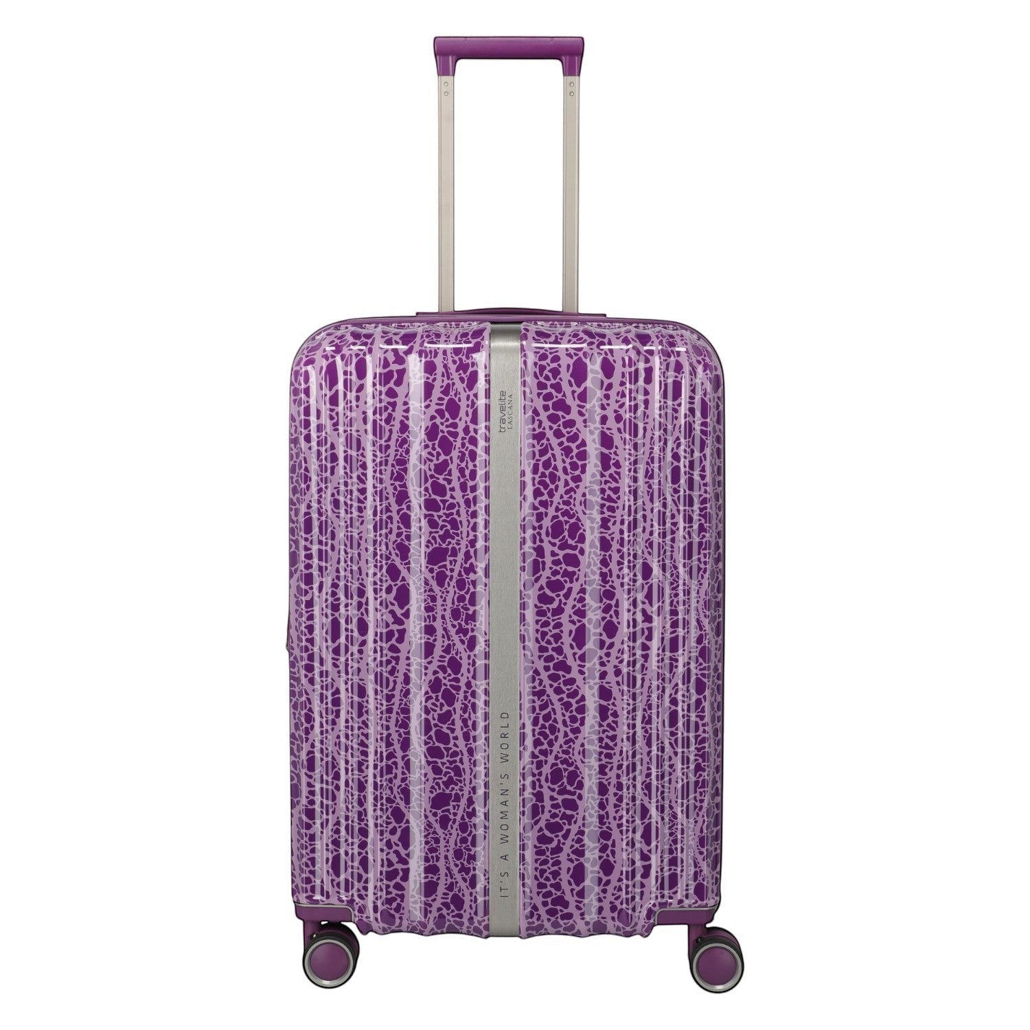 Lieblingstasche Lascana Edition 4W Trolley M suitcase in purple with a white abstract pattern and silver trim.