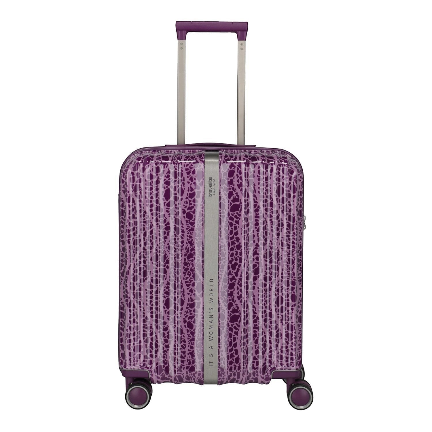 Lieblingstasche Lascana Edition 4W Trolley S, a small purple suitcase with a unique abstract pattern and silver trim.