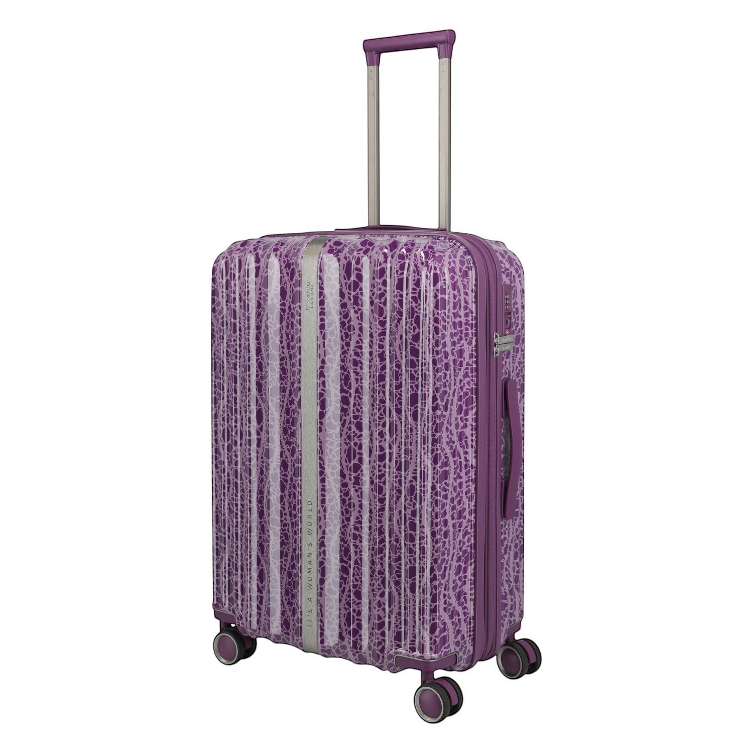 Lieblingstasche purple trolley suitcase with a white abstract pattern and telescopic handle.