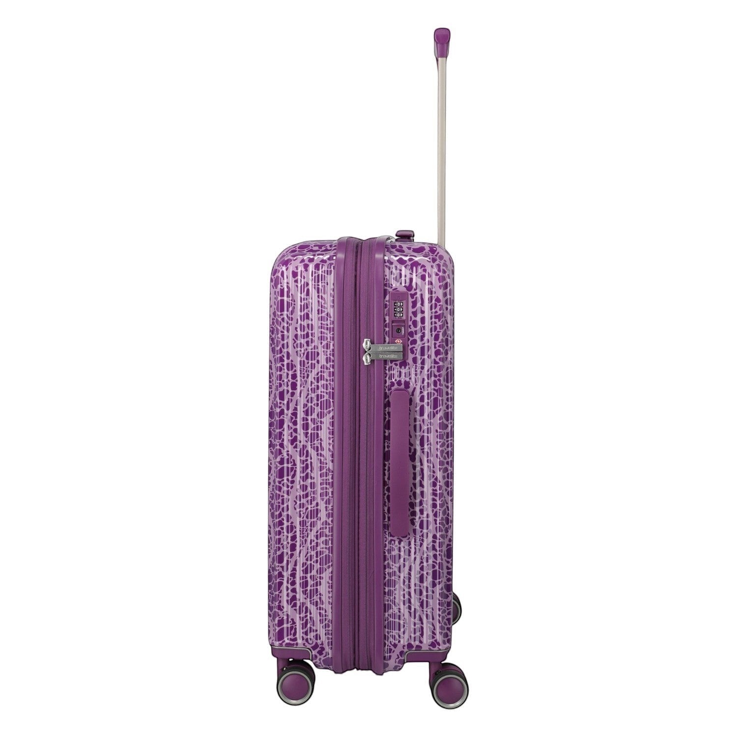 Lieblingstasche purple trolley suitcase with a white abstract pattern, TSA lock, and telescopic handle.