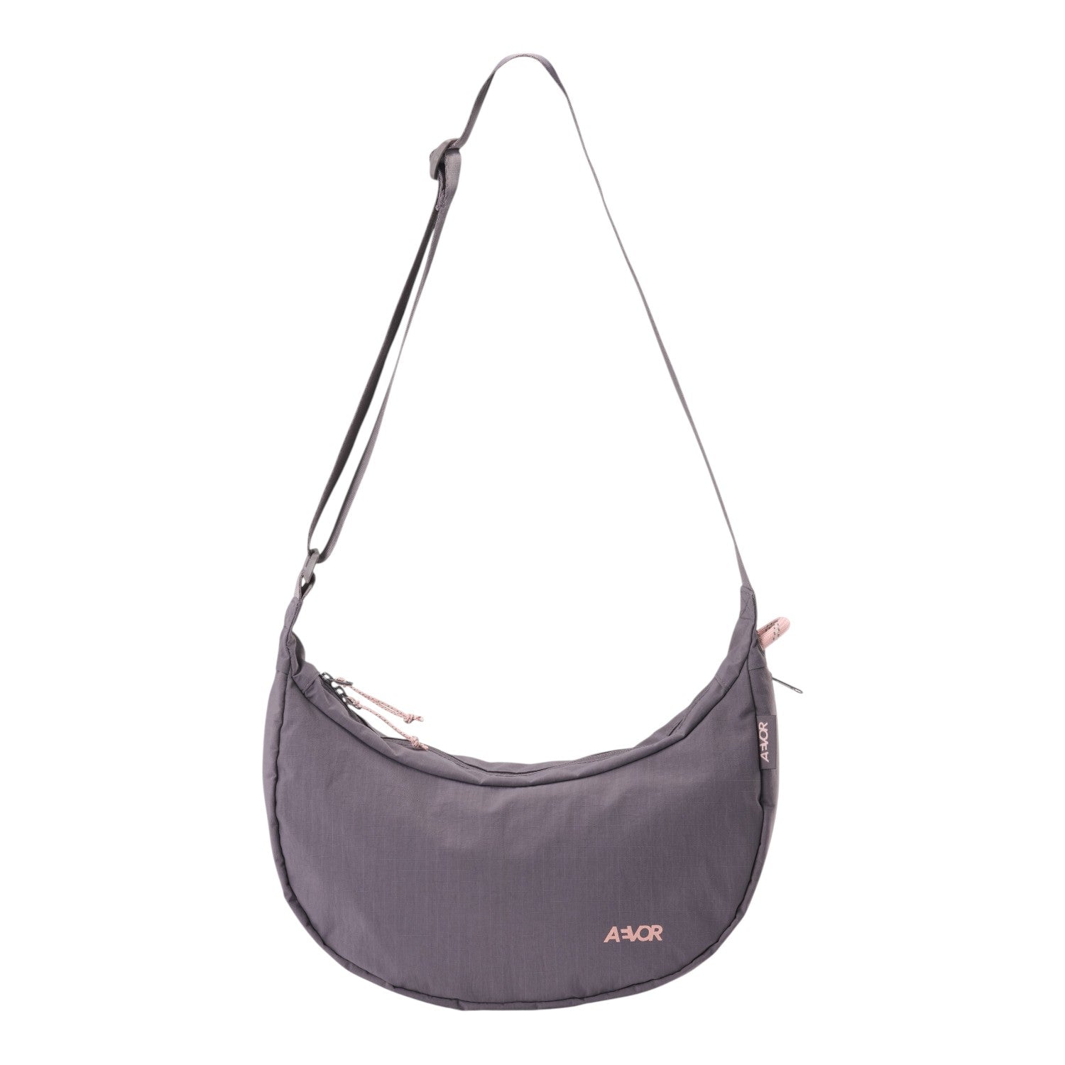Lieblingstasche purple crescent-shaped sling bag with adjustable strap and zipper details