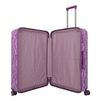 Lieblingstasche Lascana Edition 4W Trolley L, large purple suitcase with lace pattern and patterned interior.