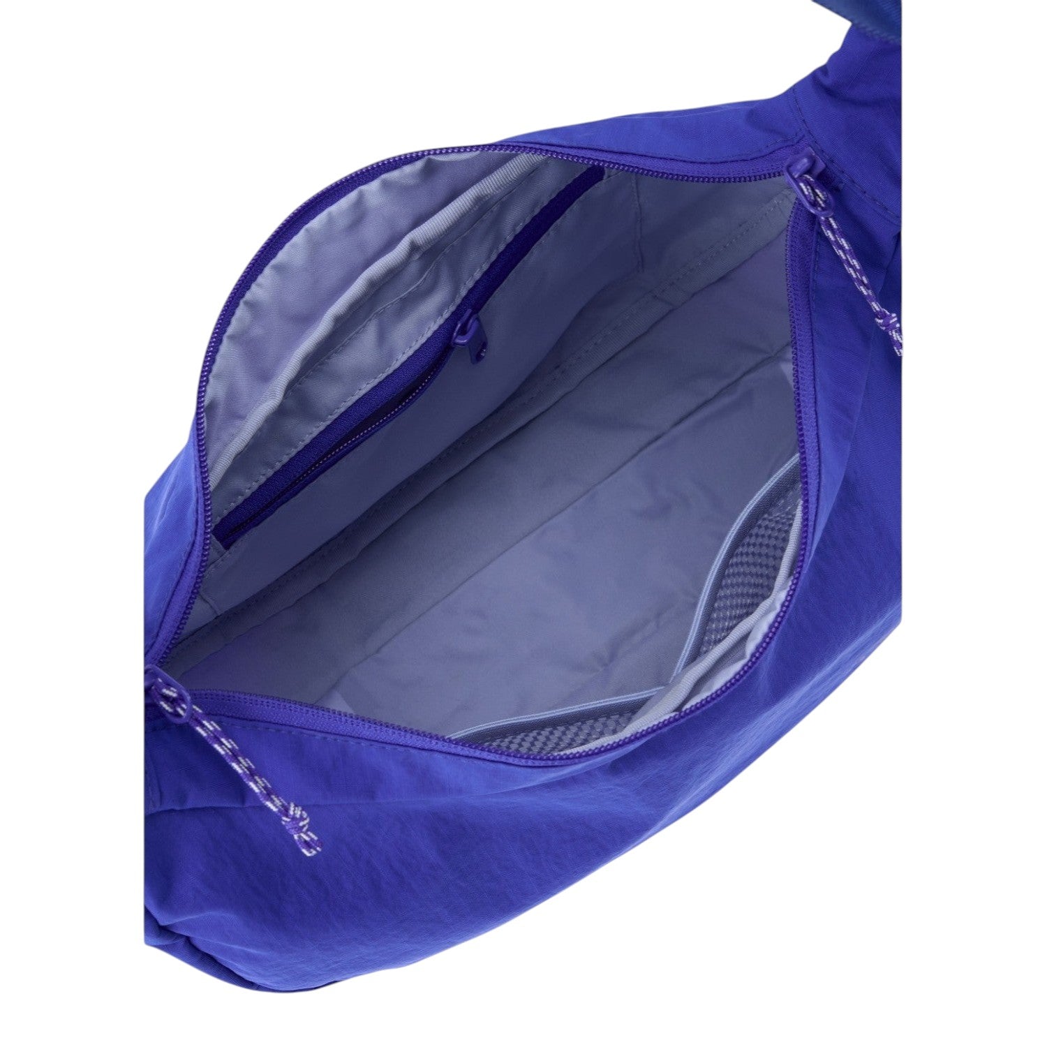 Lieblingstasche purple nylon sling bag interior view with zippered pocket and mesh compartments