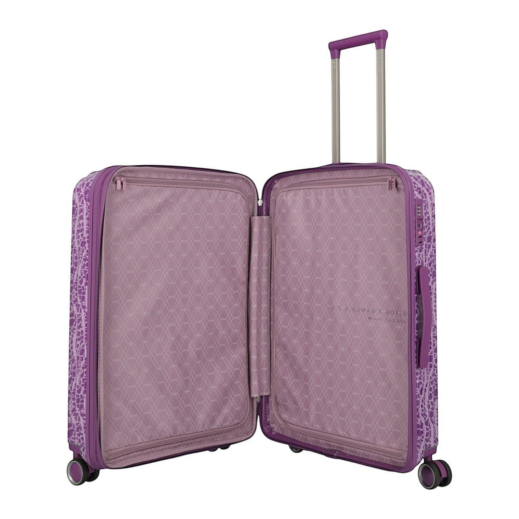 Lieblingstasche purple trolley suitcase with a patterned exterior and interior, featuring a telescopic handle and spinner wheels.