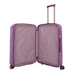 Lieblingstasche purple trolley suitcase with a patterned exterior and interior, featuring a telescopic handle and spinner wheels.