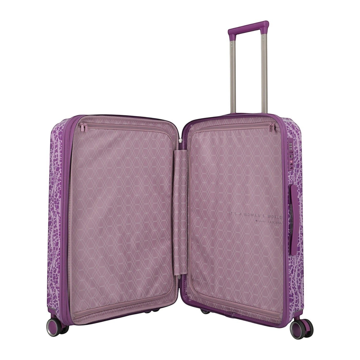 Lieblingstasche purple trolley suitcase with a patterned exterior and interior, featuring a telescopic handle and spinner wheels.