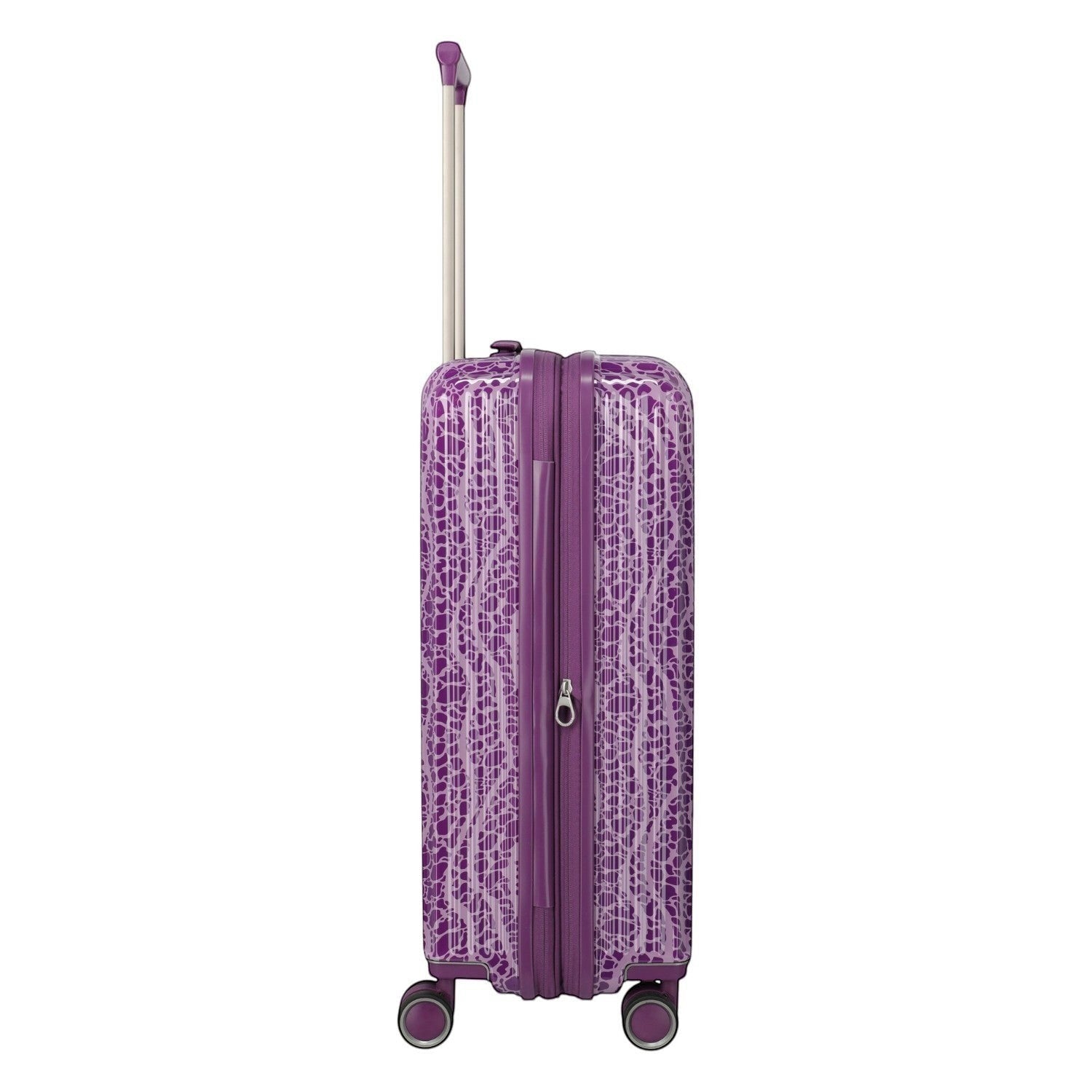 Lieblingstasche purple trolley suitcase with a white abstract pattern and silver telescopic handle.