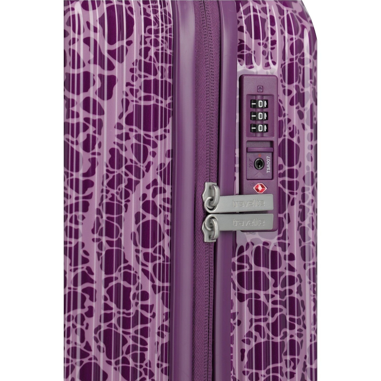 Lieblingstasche Lascana Edition 4W Trolley L, purple suitcase with abstract pattern, TSA lock, and zipper.