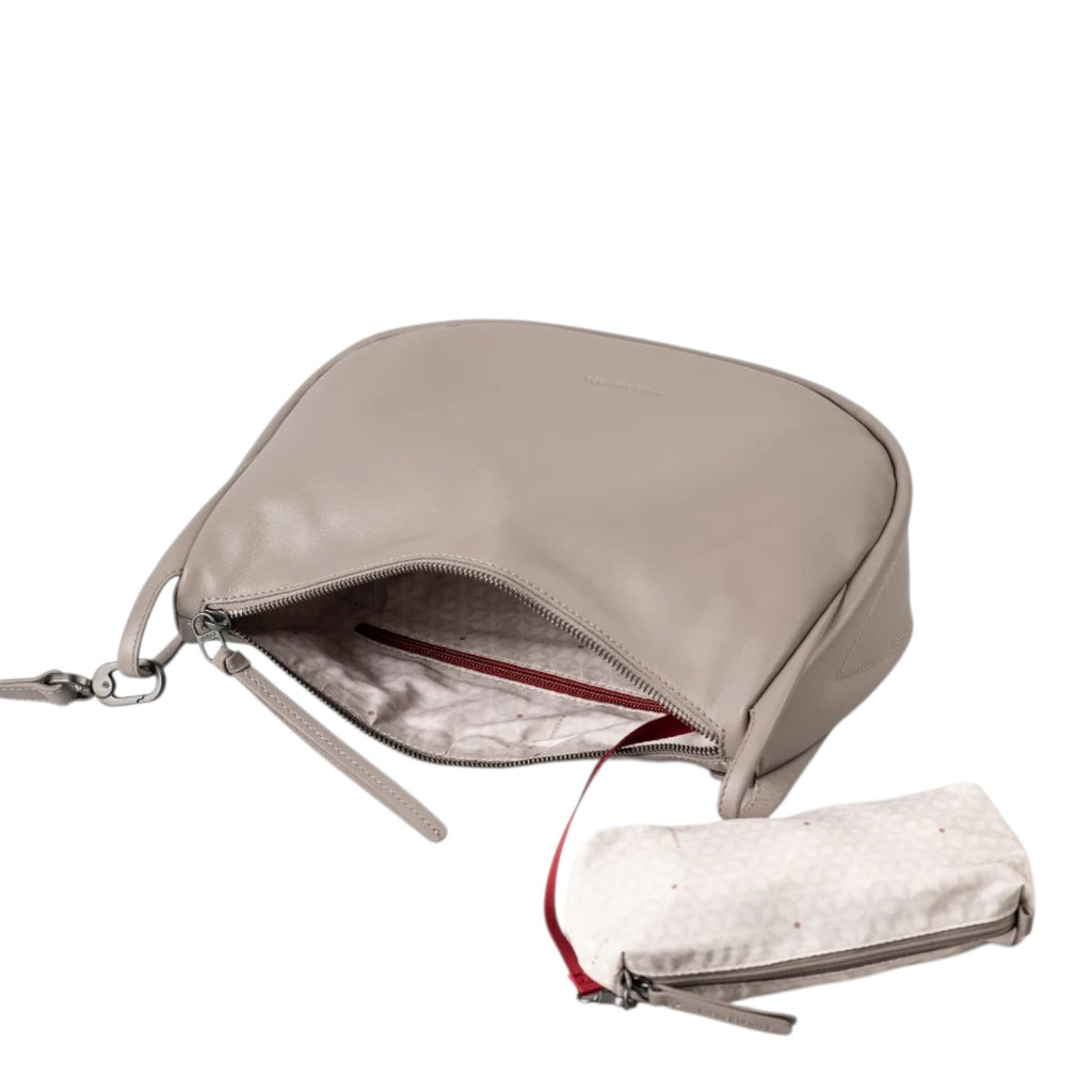 Lieblingstasche Raven taupe leather crossbody bag with open interior and matching small patterned pouch