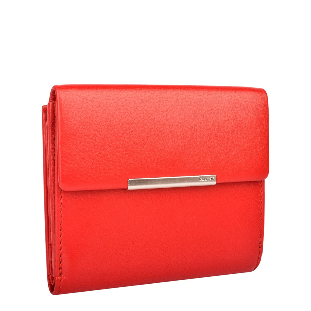 Lieblingstasche red leather tri-fold wallet with silver bar accent and embossed logo.