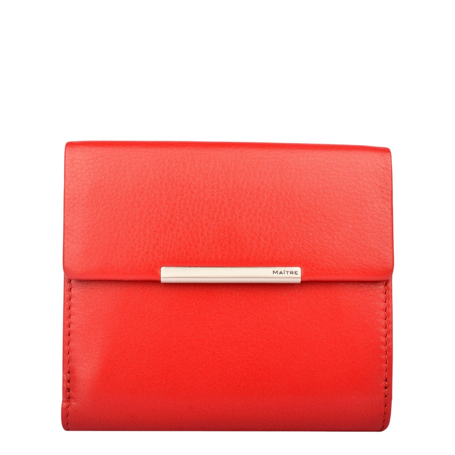 Lieblingstasche red leather tri-fold wallet with silver bar closure and MAITRE logo