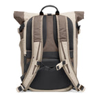 Lieblingstasche Rolltop Adventure backpack in beige and taupe with padded straps and mesh back panel.