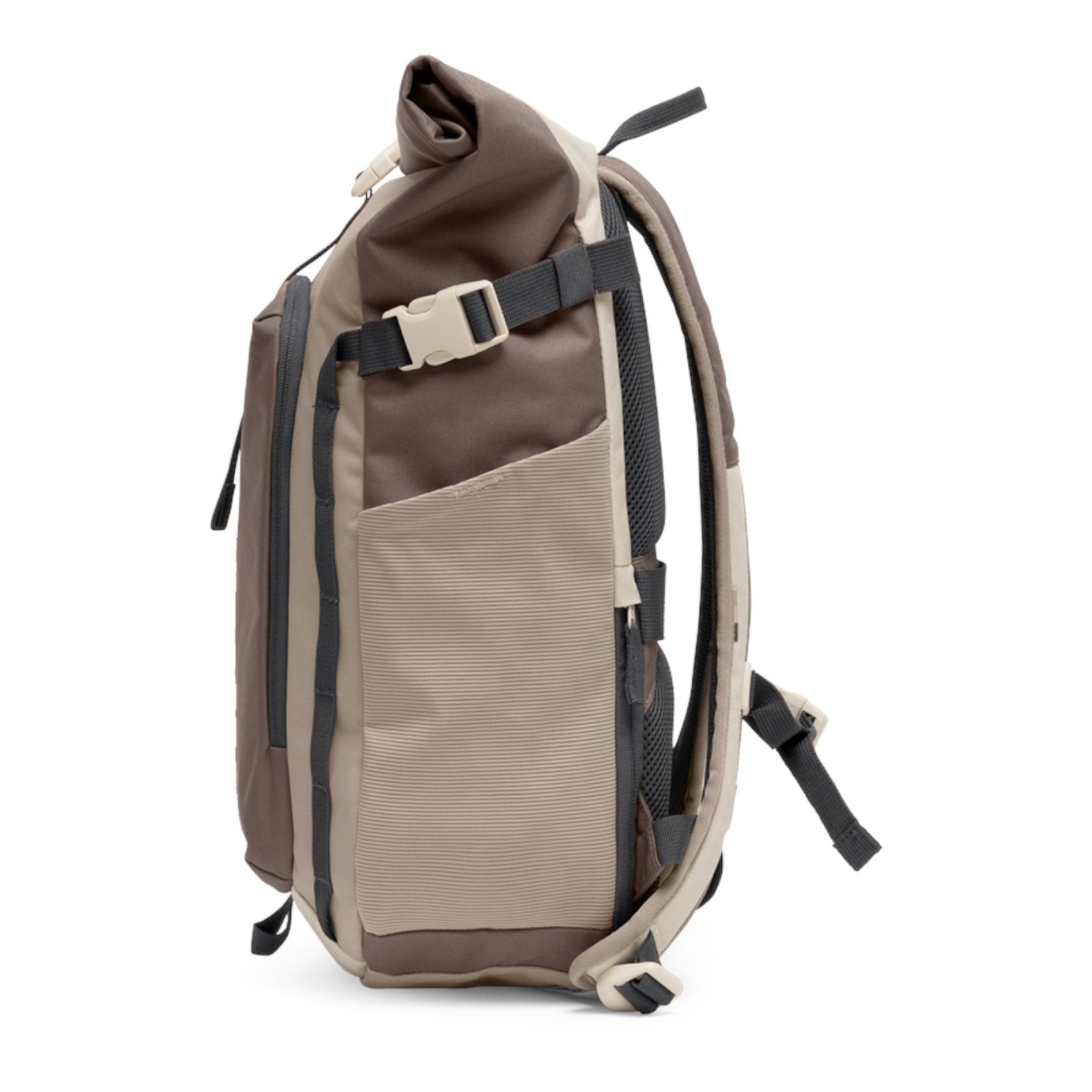 Lieblingstasche Rolltop Adventure backpack in brown and beige with buckle closure and textured side pocket.