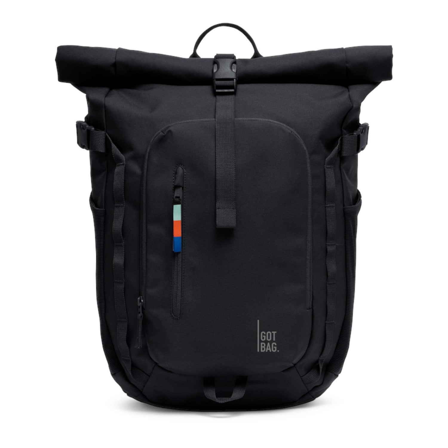 Lieblingstasche Rolltop Adventure black backpack with zip pocket and colorful pull tab.