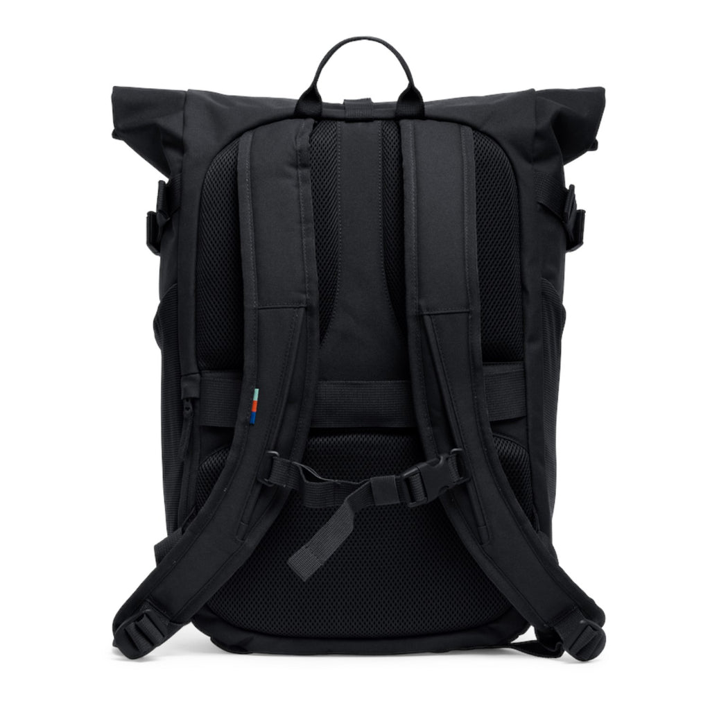 Lieblingstasche Rolltop Adventure black backpack with padded straps and mesh back panel for comfort.