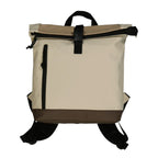 Lieblingstasche rolltop backpack in beige and brown, coated material, with front zip pocket and buckle closure.