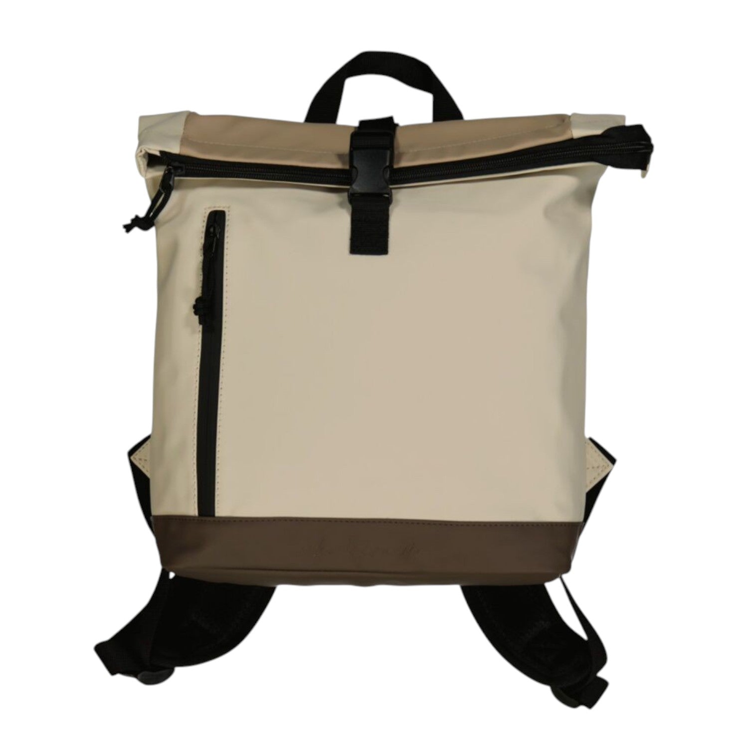 Lieblingstasche rolltop backpack in beige and brown, coated material, with front zip pocket and buckle closure.
