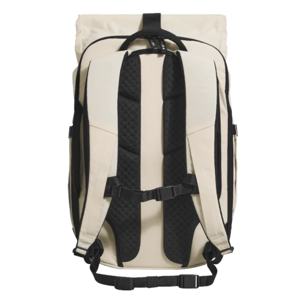 Lieblingstasche Rolly32 beige rolltop backpack with padded shoulder straps, breathable back panel, and chest strap.