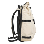 Lieblingstasche Rolly32 beige rolltop backpack with black straps and side pockets, side view