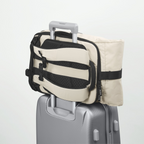 Lieblingstasche Rolly32 beige rolltop backpack attached to a silver suitcase trolley handle for travel
