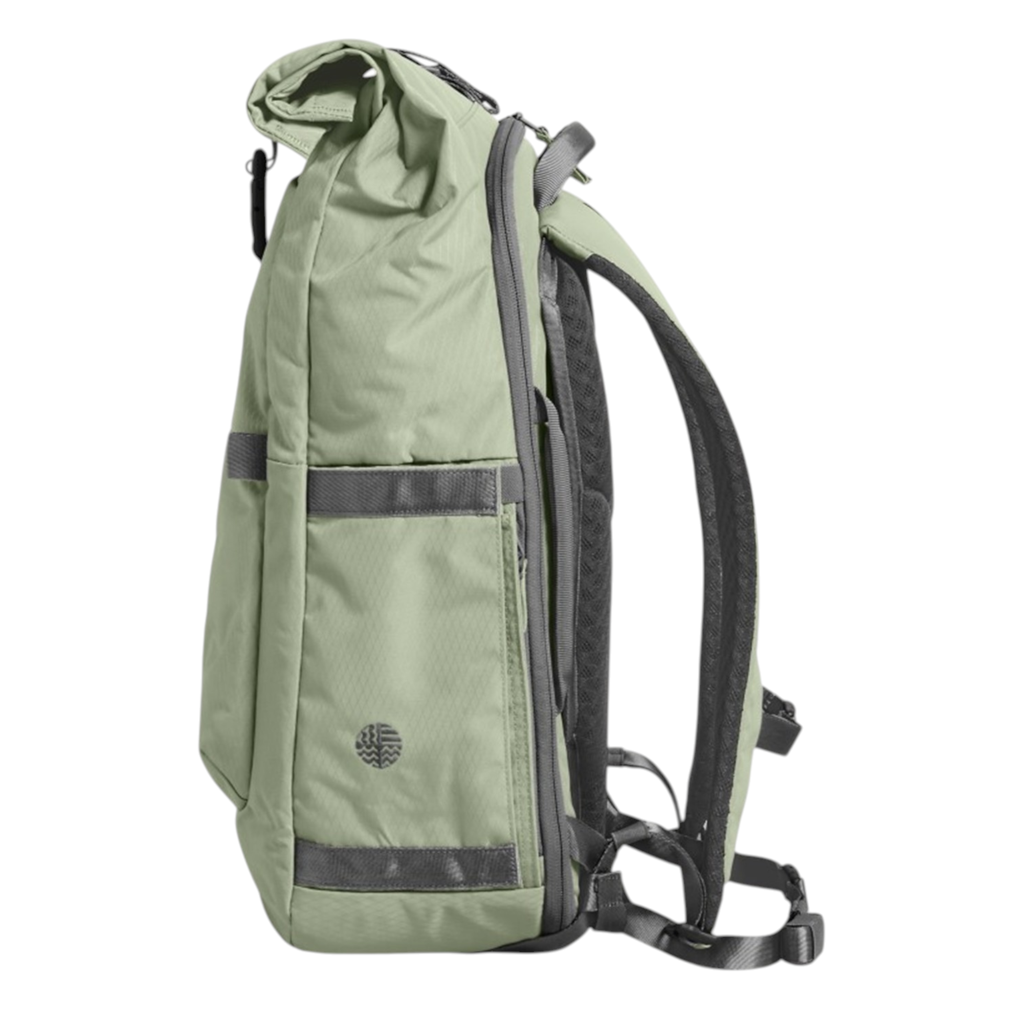 Lieblingstasche Rolly32 sage green water-resistant rolltop backpack with padded straps and side view