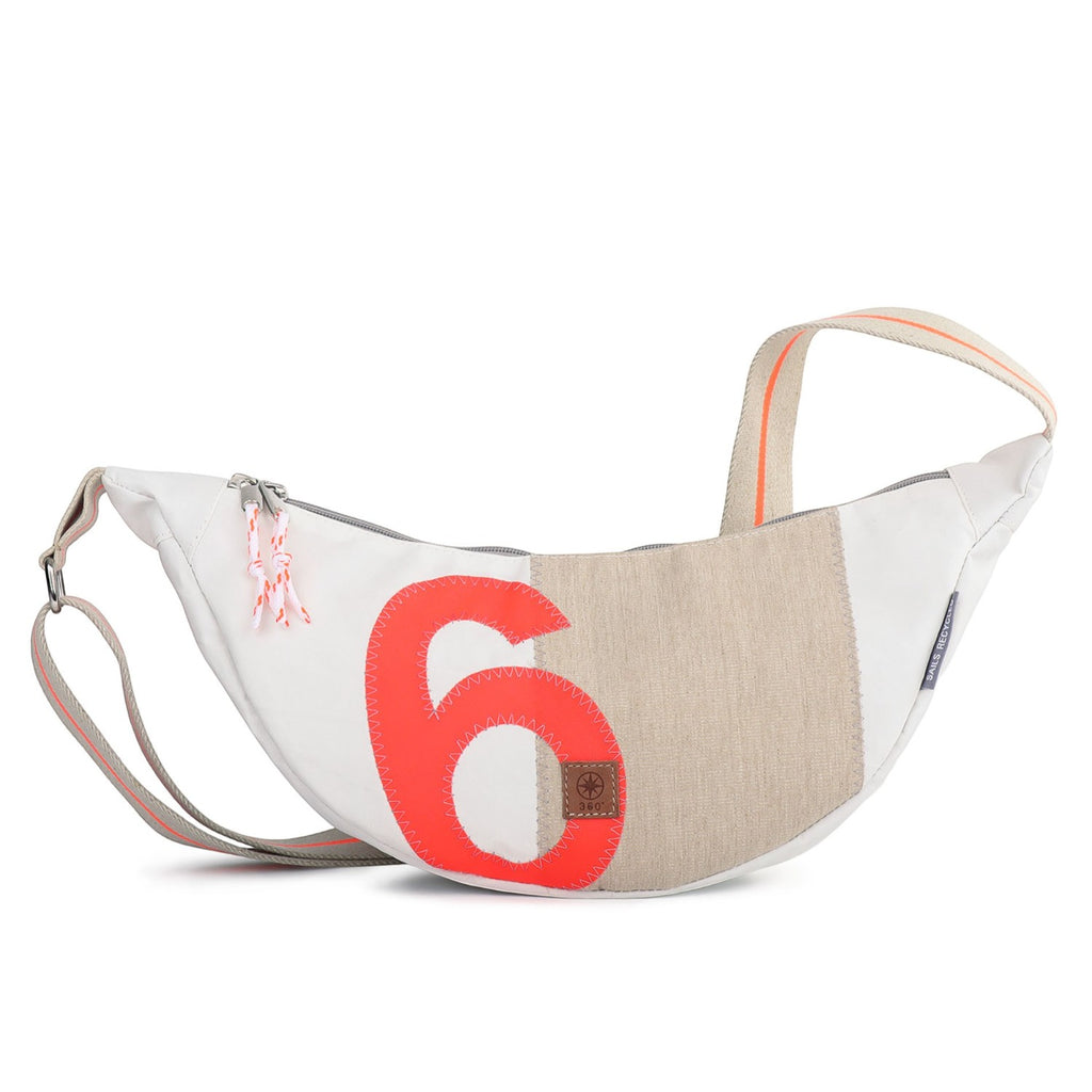 Lieblingstasche Roop crossbody bag made from recycled white sailcloth with a large orange number six and beige trim
