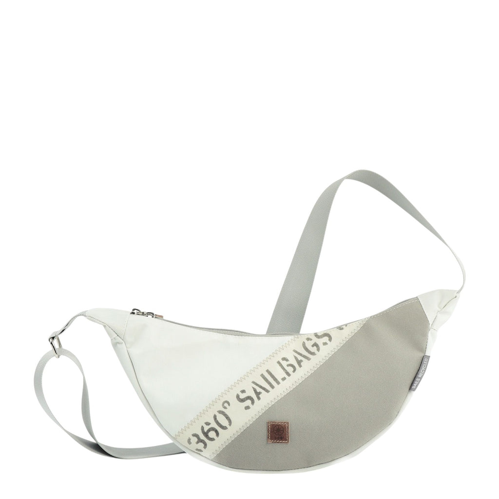 Lieblingstasche Roop moonbag made from recycled white and grey sailcloth with a maritime design and adjustable strap