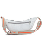 Lieblingstasche Roop white crossbody bag with a beige and orange striped adjustable strap and grey zipper details